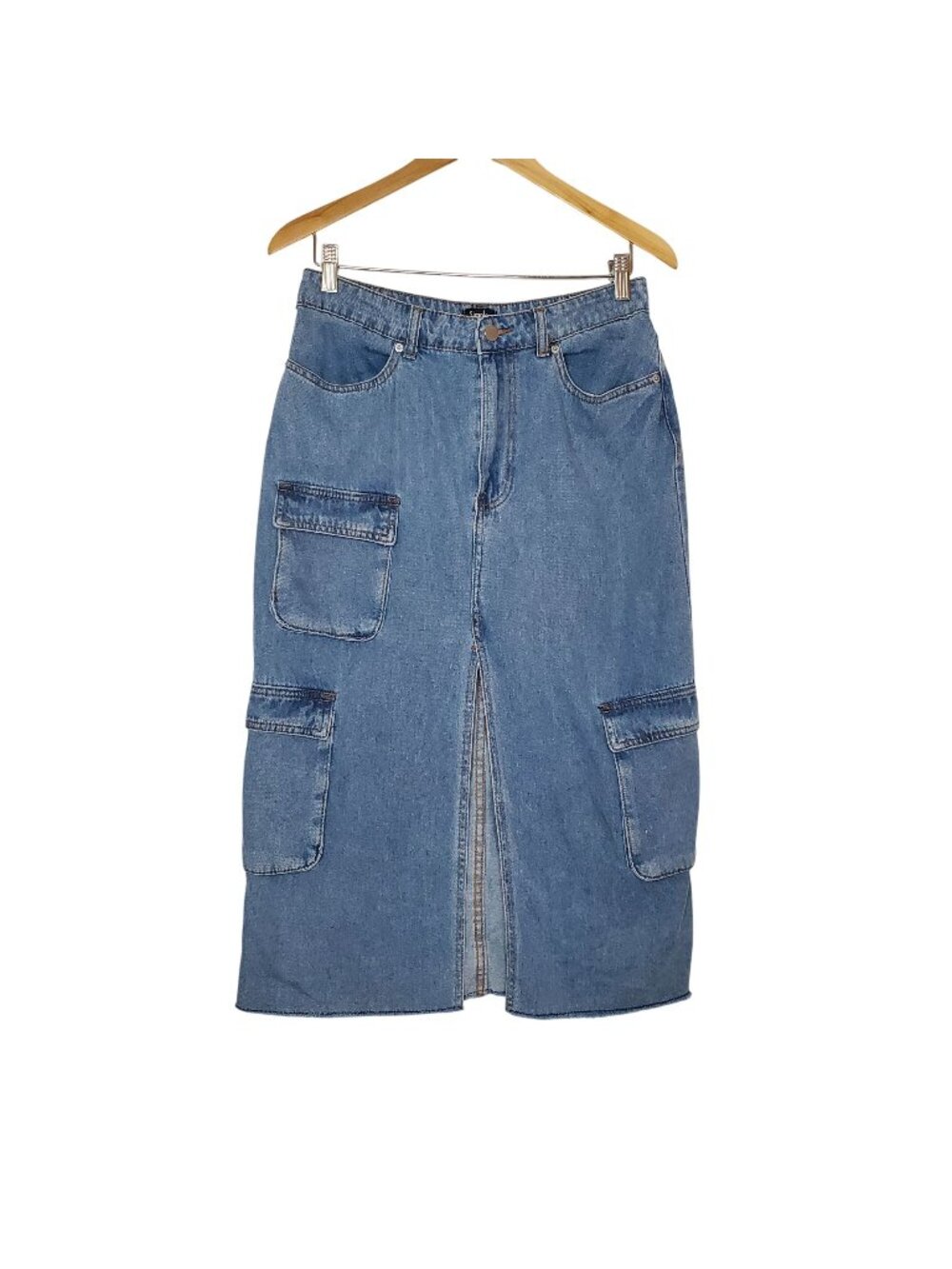 Simple Society Womens Blue Denim Cargo Skirt With Front Slit & Pockets Size L Ca